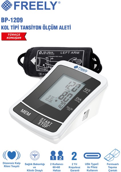 Pilli BP-1209 Tam Otomatik Üst Koldan Ölçer Konuşan Tansiyon Aleti Type C ile Pilsiz Kablulu Çalışm