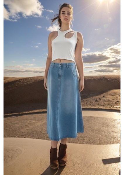 Uzun Denim Etek Mavi
