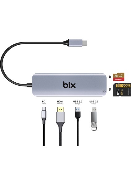 BX09HB Type-C to 2*USB 3.0 4K HDMI PD 100W SD ve Micro SD Kart Okuyucu Çoklayıcı Hub