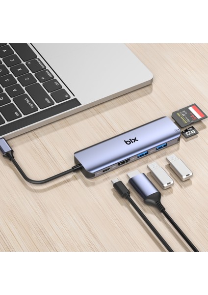 BX09HB Type-C to 2*USB 3.0 4K HDMI PD 100W SD ve Micro SD Kart Okuyucu Çoklayıcı Hub