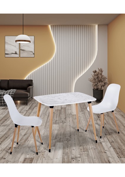 Yemek Masası Takımı Mutfak Masası 90X70 cm Ahşap Ayaklı Beyaz Masa 2 Adet Abant Beyaz Sandalye