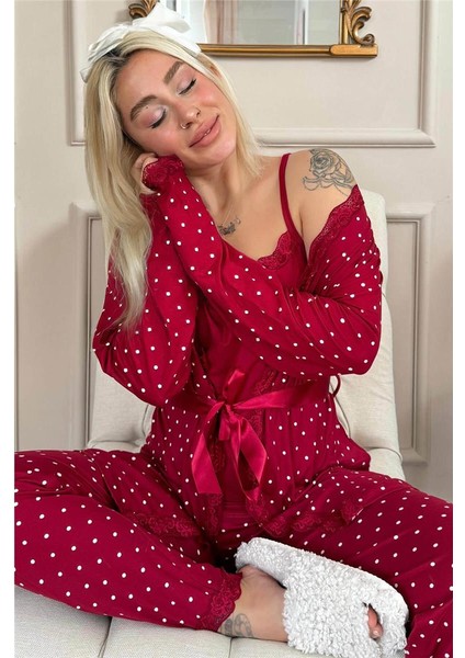 Bordo Mini Puan Desenli Bambu Sabahlıklı Kadın Pijama Takımı
