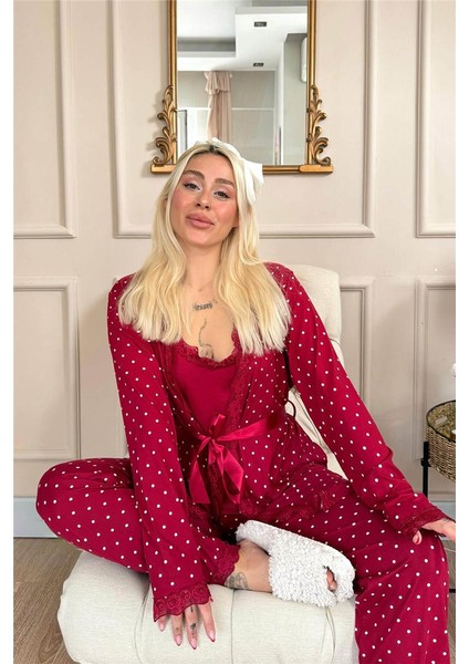 Bordo Mini Puan Desenli Bambu Sabahlıklı Kadın Pijama Takımı