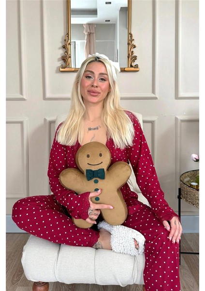 Bordo Mini Puan Desenli Bambu Sabahlıklı Kadın Pijama Takımı