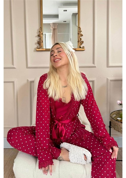 Bordo Mini Puan Desenli Bambu Sabahlıklı Kadın Pijama Takımı