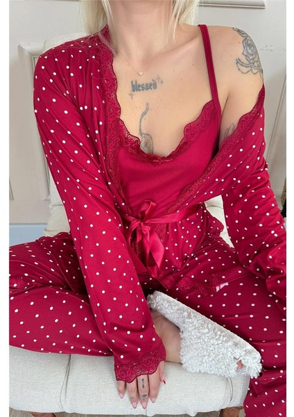 Bordo Mini Puan Desenli Bambu Sabahlıklı Kadın Pijama Takımı