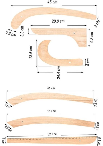 Riga Cetvel Seti Ahşap 6 Parça 1 Paket Riga Seti Riga Takımı Terzi Modelist Tekstil Cetveli