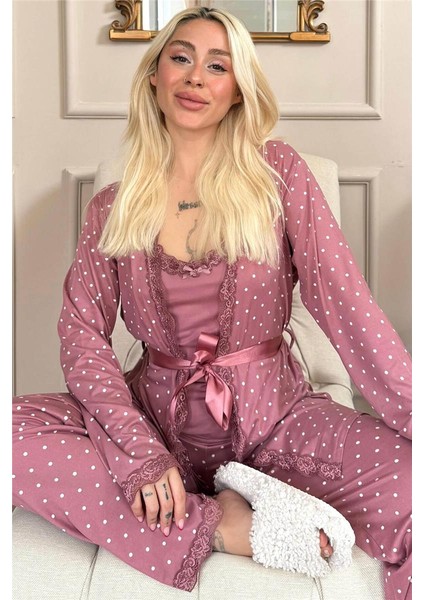 Pudra Mini Puan Desenli Bambu Sabahlıklı Kadın Pijama Takımı