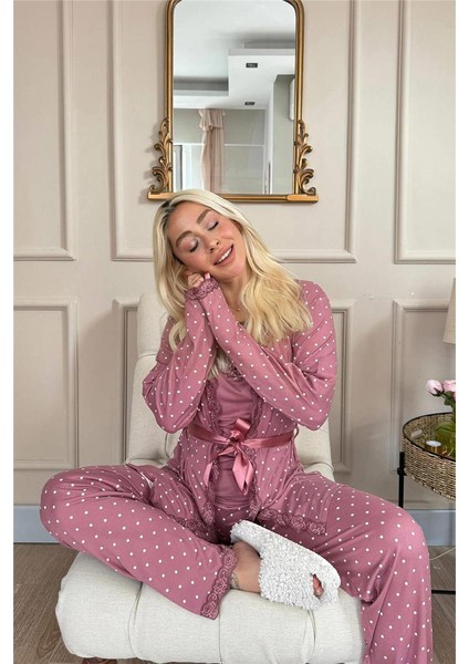 Pudra Mini Puan Desenli Bambu Sabahlıklı Kadın Pijama Takımı modelleri