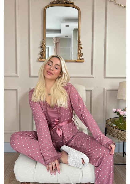 Pudra Mini Puan Desenli Bambu Sabahlıklı Kadın Pijama Takımı fırsatları