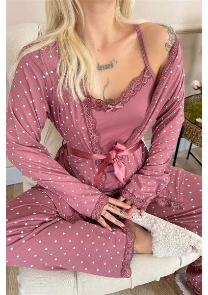 Pudra Mini Puan Desenli Bambu Sabahlıklı Kadın Pijama Takımı indirimleri