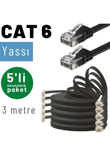 Irenıs 5 Adet 3 Metre Cat6 Kablo Yassı Ethernet Network Lan Ağ Internet Kablosu