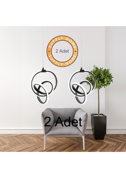 Supply Home 2 Adet Siyah Modern Sarkıt LED Avize Beyaz Işık Salon Mutfak Oda Hol Ledli Avize