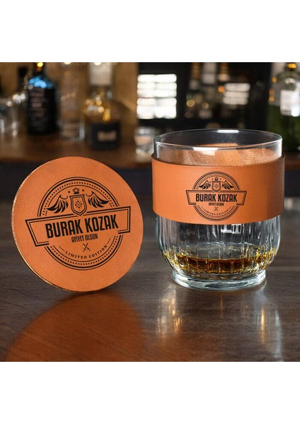 Kartal Kanadı Tasarımlı Isimli Taba Deri Kaplı Viski Seti