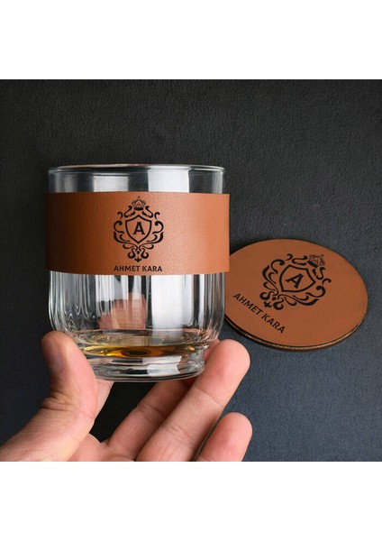 Isim ve Baş Harfli Taba Deri Kaplı Viski Seti