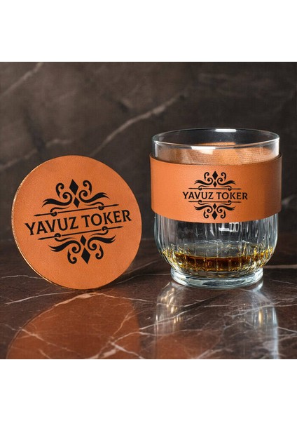 Premium Erkeğe Taba Deri Viski Bardağı ve Altlık Seti