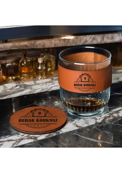 Kişiye Özel Taba Deri Kaplama Viski Bardaklı Set fiyatları
