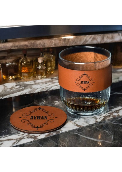 Kişiye Özel Isimli Taba Deri Kaplama Viski Seti