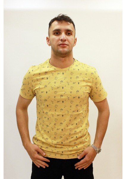 Caz 4174 Bisiklet Yaka Kendinden Desenli Erkek T-Shirt