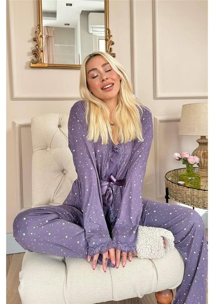 Lila Mini Yıldız Desenli Bambu Sabahlıklı Kadın Pijama Takımı fırsatları