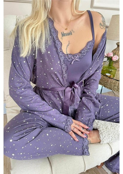 Lila Mini Yıldız Desenli Bambu Sabahlıklı Kadın Pijama Takımı indirimleri