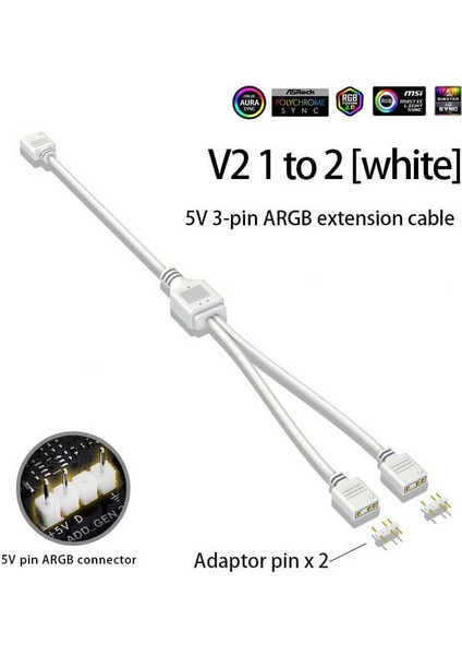 Coolmoon 2 Port 5V 3pin Argb LED Splitter Çoklayıcı Kablo, Uzatma Kablosu (1 Dişi To 2 Dişi) - Beyaz