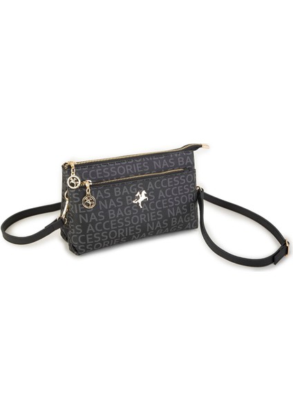 Kadın Çapraz ve Clutch Çanta Bilek ve Çapraz Askılı Siyah Yazılı (24X15 Cm)