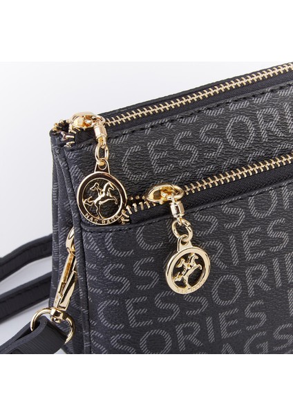 Kadın Çapraz ve Clutch Çanta Bilek ve Çapraz Askılı Siyah Yazılı (24X15 Cm)