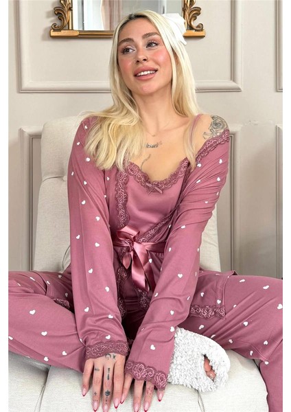 Pembe Mini Kalp Desenli Bambu Sabahlıklı Kadın Pijama Takımı