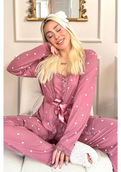 Pembe Mini Kalp Desenli Bambu Sabahlıklı Kadın Pijama Takımı