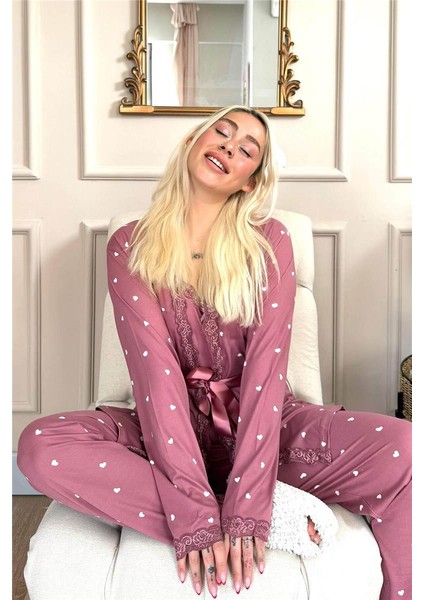 Pembe Mini Kalp Desenli Bambu Sabahlıklı Kadın Pijama Takımı