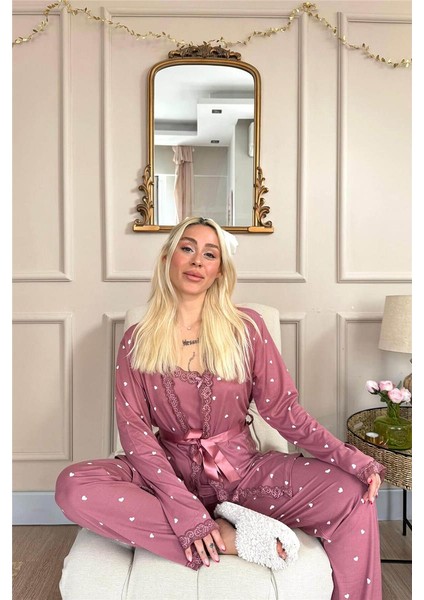 Pembe Mini Kalp Desenli Bambu Sabahlıklı Kadın Pijama Takımı