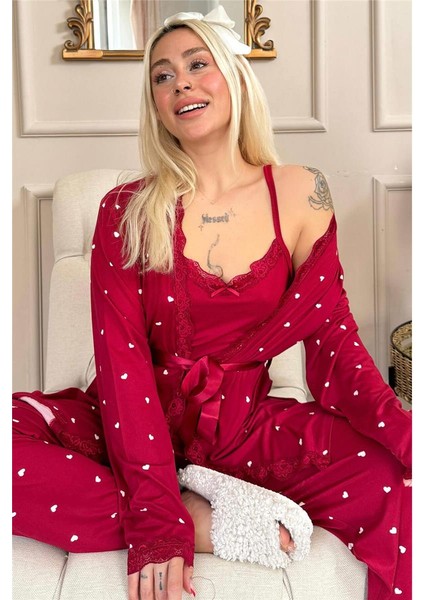 Bordo Mini Kalp Desenli Bambu Sabahlıklı Kadın Pijama Takımı