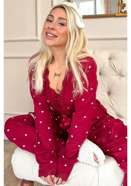 Bordo Mini Kalp Desenli Bambu Sabahlıklı Kadın Pijama Takımı