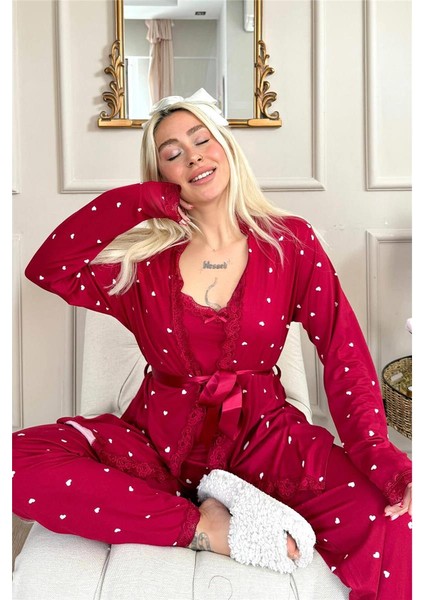 Bordo Mini Kalp Desenli Bambu Sabahlıklı Kadın Pijama Takımı