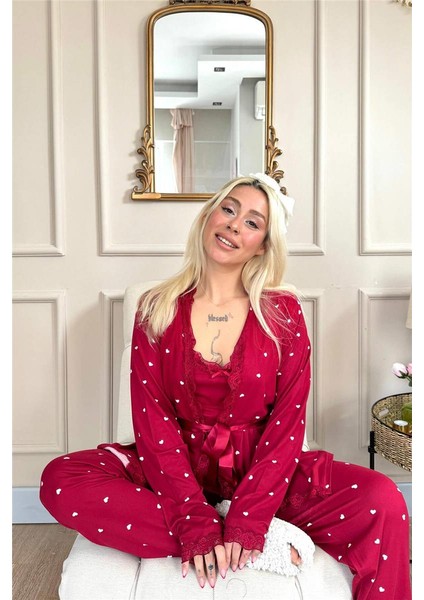 Bordo Mini Kalp Desenli Bambu Sabahlıklı Kadın Pijama Takımı