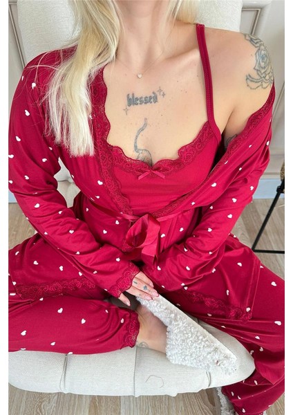Bordo Mini Kalp Desenli Bambu Sabahlıklı Kadın Pijama Takımı