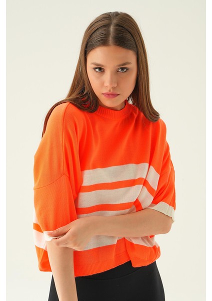 1454 Çizgi Detay Oversize Tişört Orange