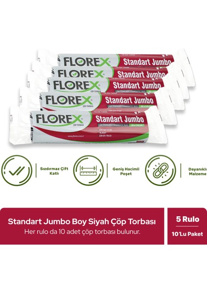 Standart Jumbo Boy Siyah Çöp Poşeti x 5 Rulo