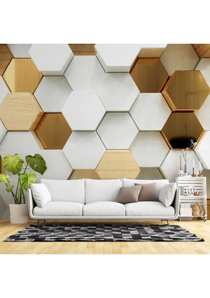 3 Boyutlu Beyaz, Gold, Ahşap Altıgen Geometri