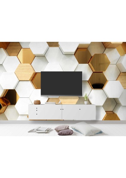 3 Boyutlu Beyaz, Gold, Ahşap Altıgen Geometri modelleri