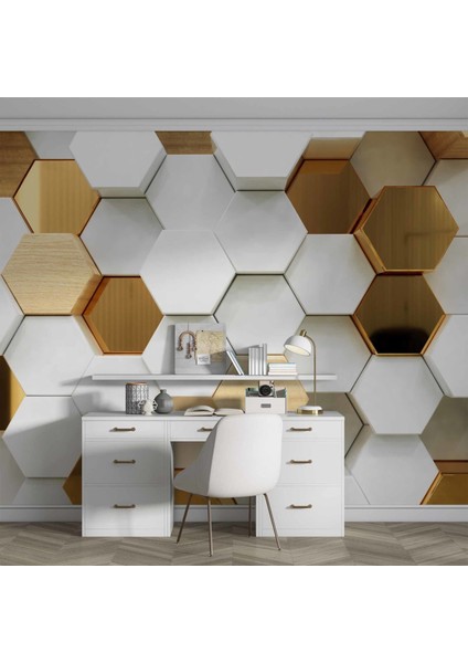 3 Boyutlu Beyaz, Gold, Ahşap Altıgen Geometri fırsatları