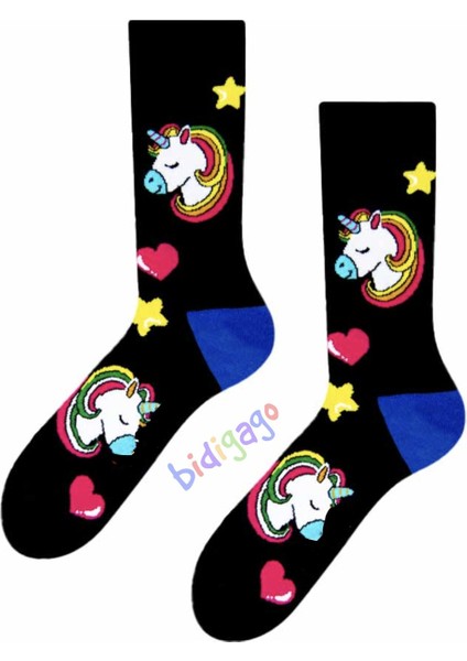 Unicorn Desenli Siyah Kolej Çorap