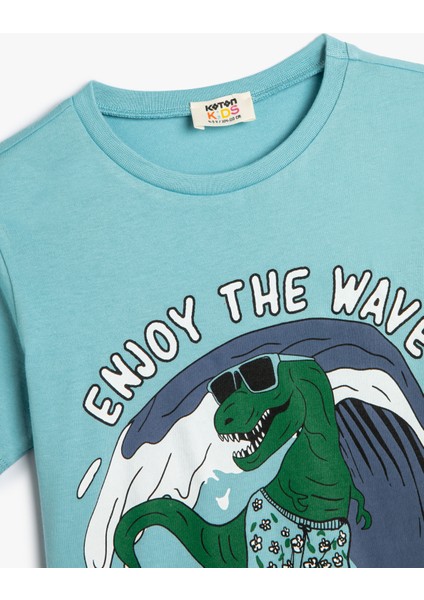 Dinozor Baskılı Kısa Kollu Tişört Bisiklet Yaka Pamuklu modelleri