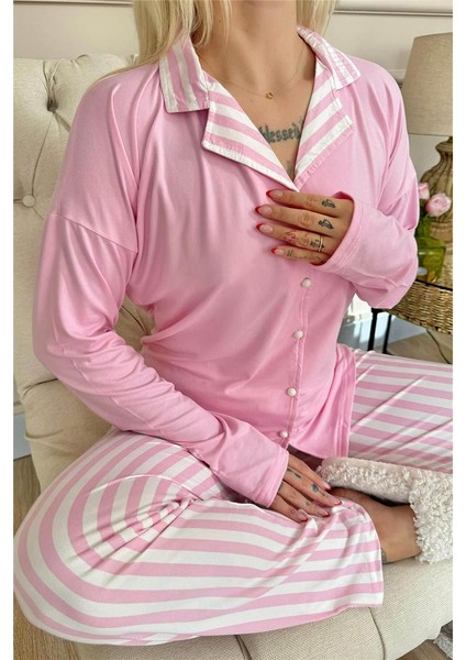 Toz Pembe Çizgi Desenli Bambu Önden Düğmeli Uzun Kol Kadın Pijama Takımı indirimleri