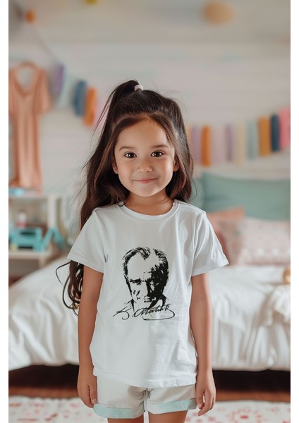 Unisex Pamuk Kız Çocuk Atatürk Baskılı Kısa Kollu Tişört