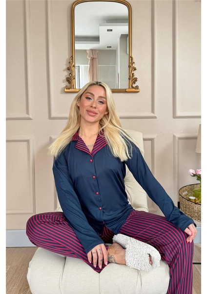Lacivert Çizgi Desenli Bambu Önden Düğmeli Uzun Kol Kadın Pijama Takımı fiyatları
