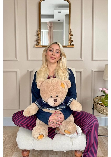 Lacivert Çizgi Desenli Bambu Önden Düğmeli Uzun Kol Kadın Pijama Takımı fırsatları