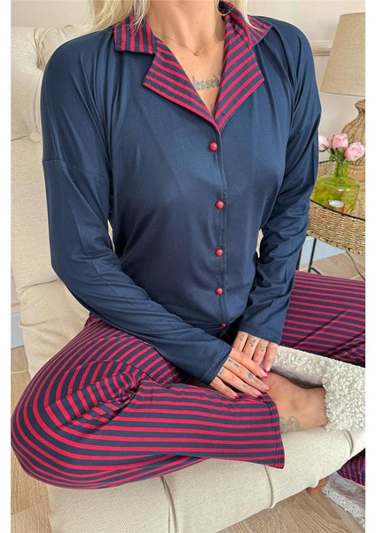 Lacivert Çizgi Desenli Bambu Önden Düğmeli Uzun Kol Kadın Pijama Takımı indirimleri