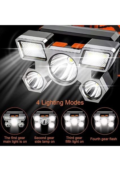 Turuncu LED Beş Kafalı Far Güçlü Işık Süper Parlak USB Şarj Edilebilir Balıkçılık Lambası Taşınabilir Açık Kamp Kafaya Monte El Feneri (Yurt Dışından) indirimleri